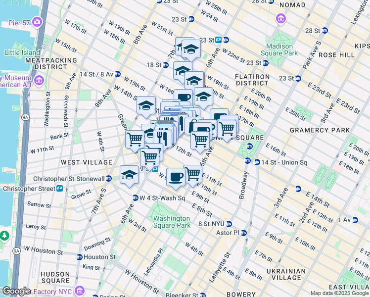 map of restaurants, bars, coffee shops, grocery stores, and more near 54 West 12th Street in New York