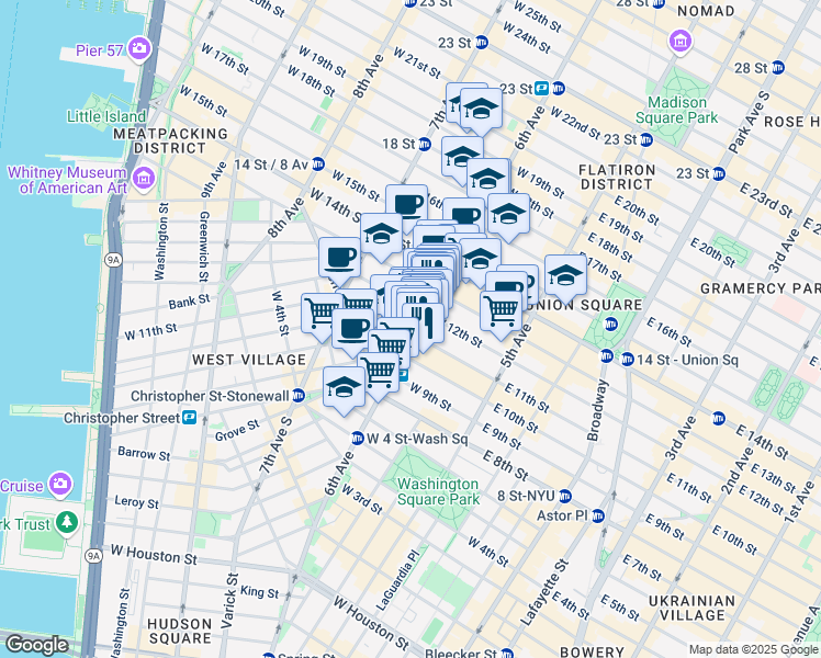 map of restaurants, bars, coffee shops, grocery stores, and more near 485 6th Avenue in New York