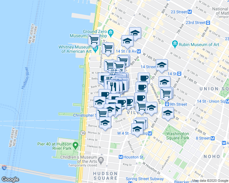 map of restaurants, bars, coffee shops, grocery stores, and more near in New York