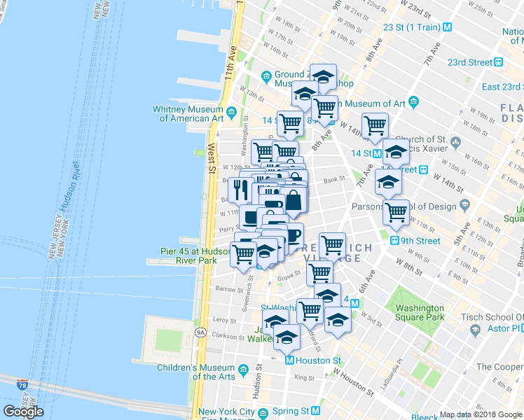 map of restaurants, bars, coffee shops, grocery stores, and more near 316 West 11th Street in New York