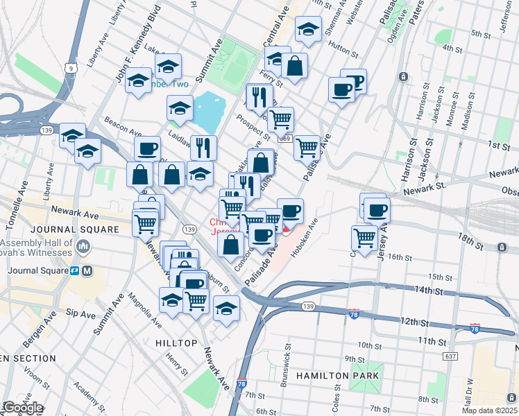 map of restaurants, bars, coffee shops, grocery stores, and more near 46 Beacon Avenue in Jersey City