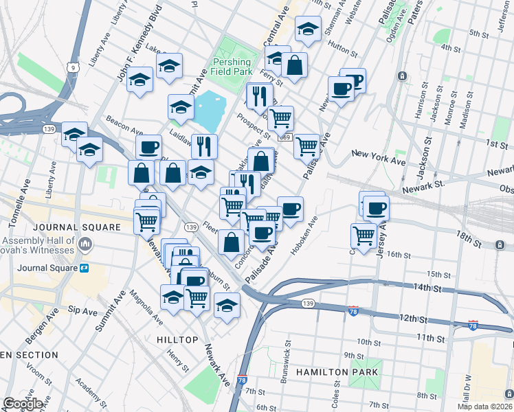 map of restaurants, bars, coffee shops, grocery stores, and more near 46 Beacon Avenue in Jersey City