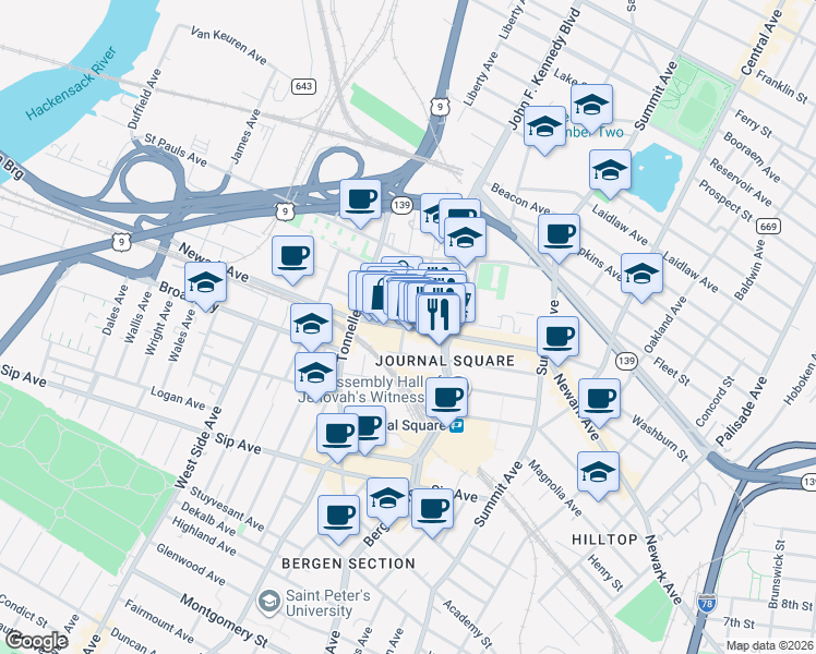 map of restaurants, bars, coffee shops, grocery stores, and more near 786 Newark Avenue in Jersey City