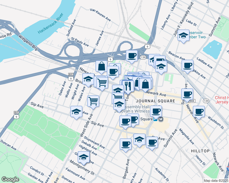 map of restaurants, bars, coffee shops, grocery stores, and more near 30 Broadway in Jersey City