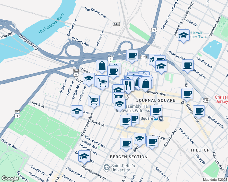 map of restaurants, bars, coffee shops, grocery stores, and more near 30 Broadway in Jersey City