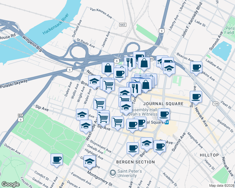 map of restaurants, bars, coffee shops, grocery stores, and more near 53 Broadway in Jersey City