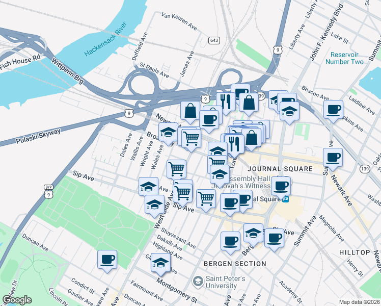 map of restaurants, bars, coffee shops, grocery stores, and more near 53 Broadway in Jersey City