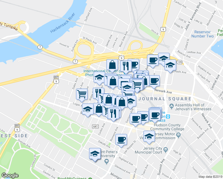 map of restaurants, bars, coffee shops, grocery stores, and more near 16 Marion Place in Jersey City