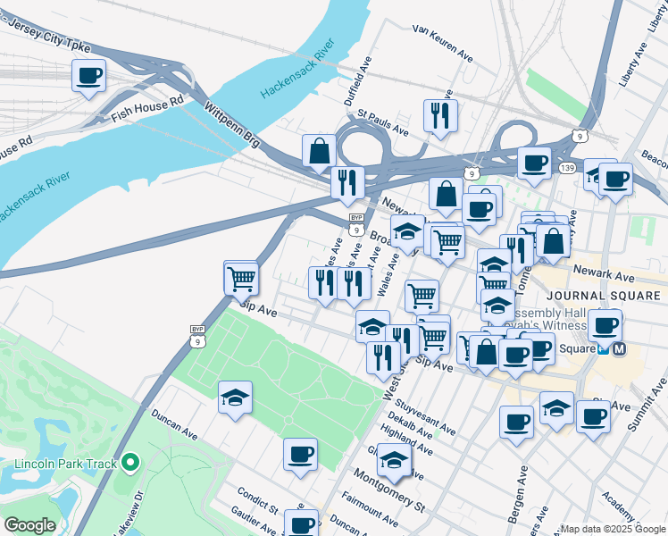 map of restaurants, bars, coffee shops, grocery stores, and more near 46 Dales Avenue in Jersey City