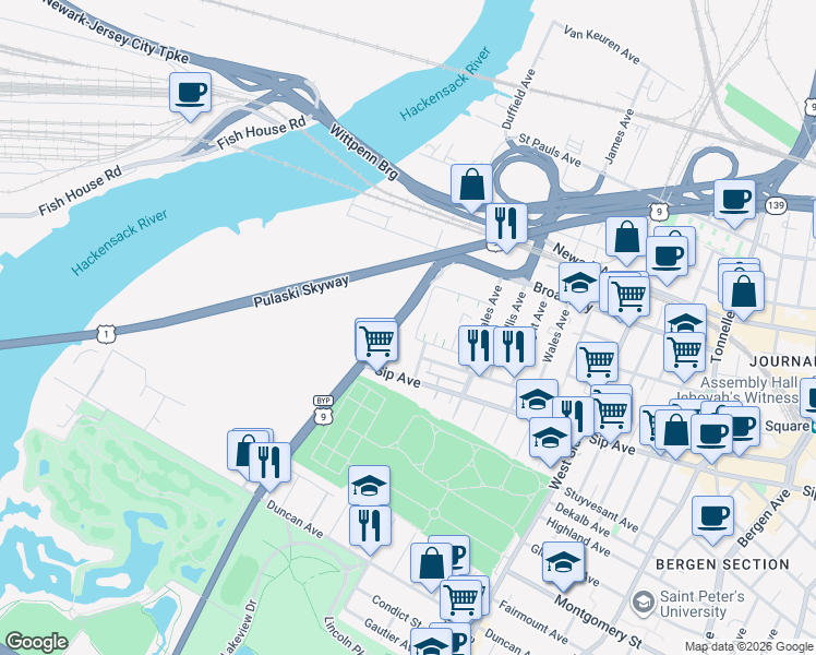 map of restaurants, bars, coffee shops, grocery stores, and more near 400 U.S. 1 in Jersey City