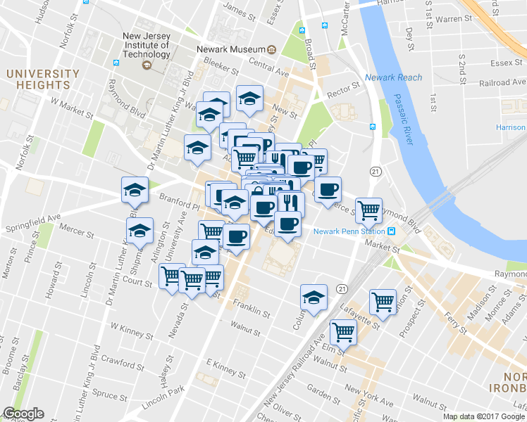 map of restaurants, bars, coffee shops, grocery stores, and more near in Newark