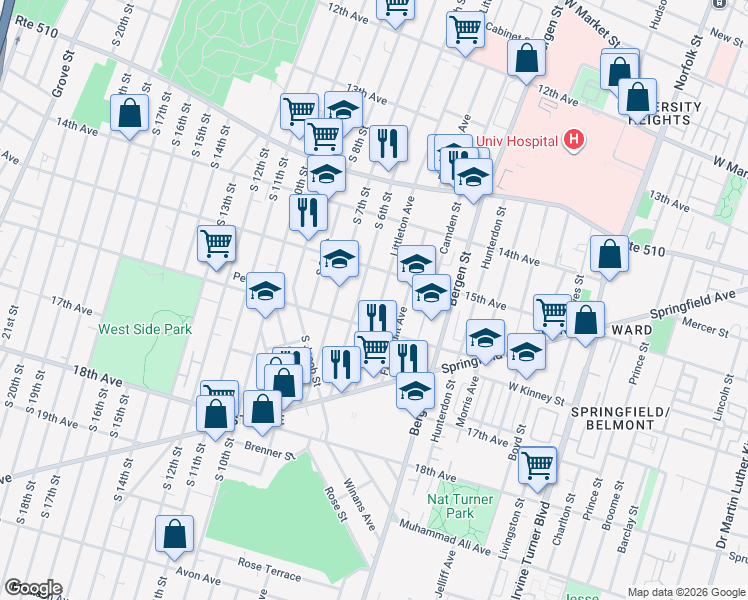map of restaurants, bars, coffee shops, grocery stores, and more near 324 Littleton Avenue in Newark