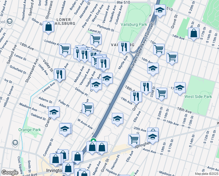 map of restaurants, bars, coffee shops, grocery stores, and more near 91 Western Parkway in Irvington