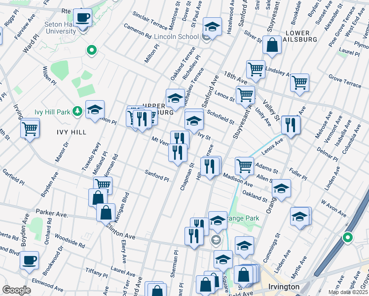 map of restaurants, bars, coffee shops, grocery stores, and more near 16 Mount Vernon Place in Newark