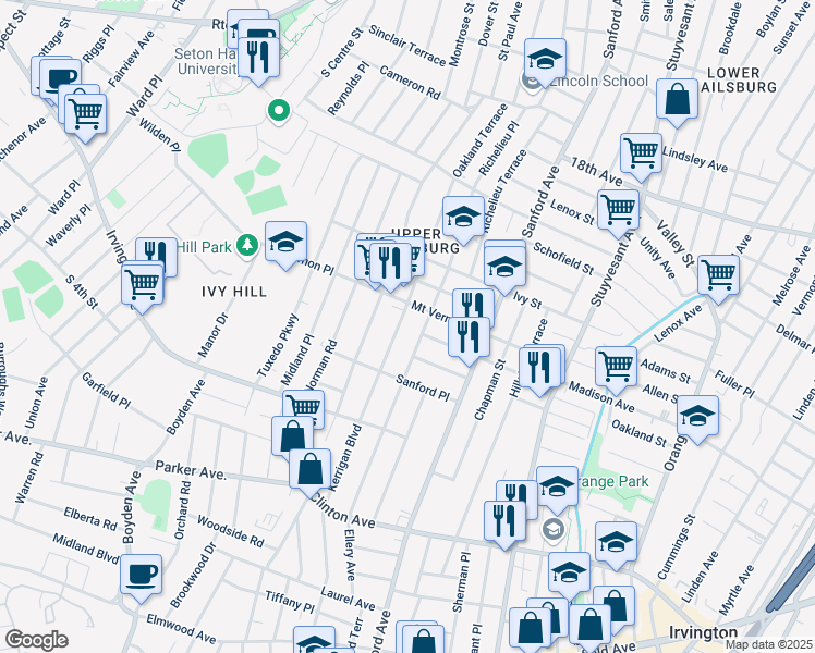 map of restaurants, bars, coffee shops, grocery stores, and more near 311 Kerrigan Boulevard in Newark