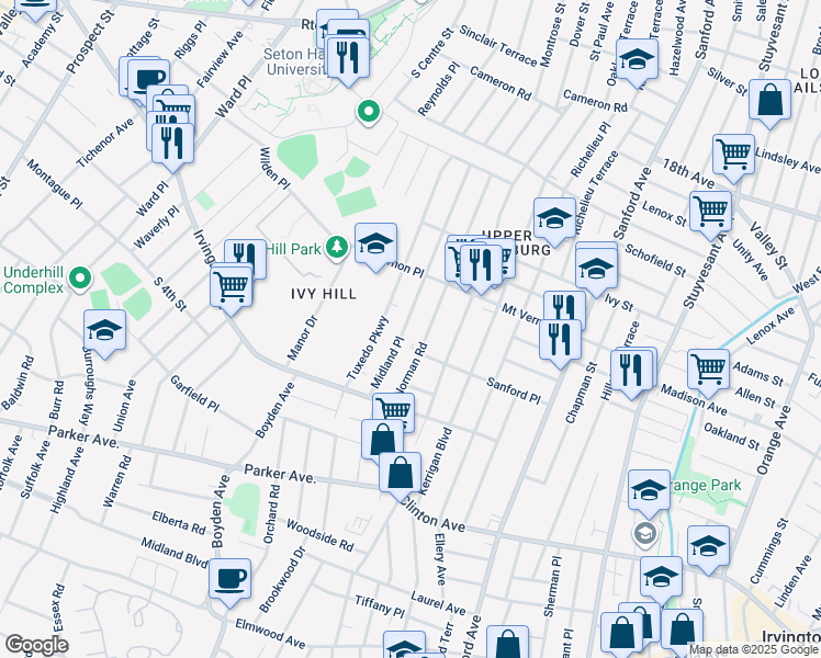 map of restaurants, bars, coffee shops, grocery stores, and more near 158 Midland Place in Newark
