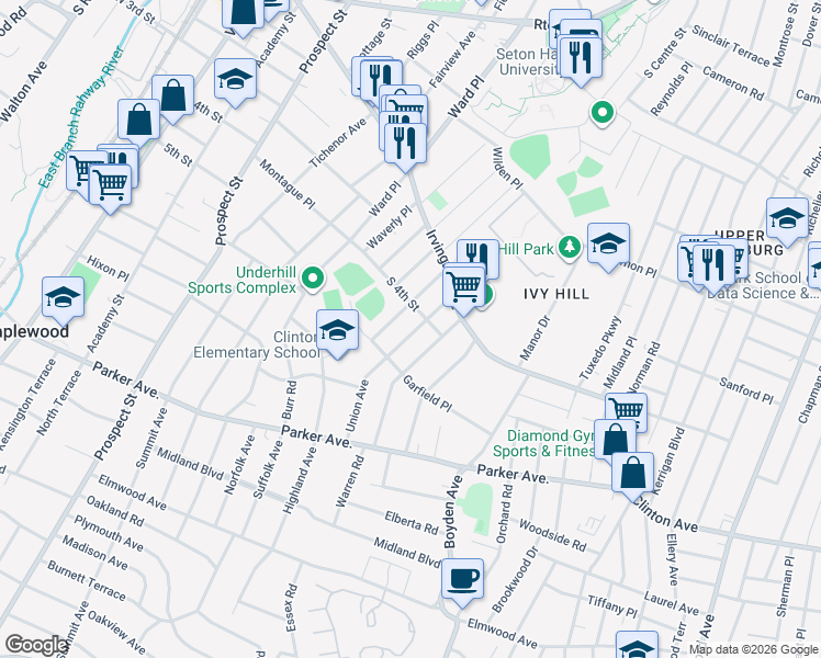 map of restaurants, bars, coffee shops, grocery stores, and more near 43 Union Avenue in Maplewood