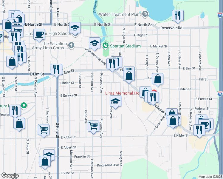 map of restaurants, bars, coffee shops, grocery stores, and more near 330 Calumet Avenue in Lima