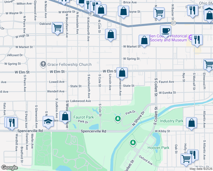 map of restaurants, bars, coffee shops, grocery stores, and more near 951 State Street in Lima