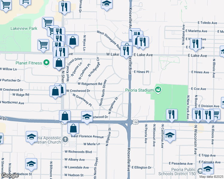 map of restaurants, bars, coffee shops, grocery stores, and more near 309 West Crestwood Drive in Peoria