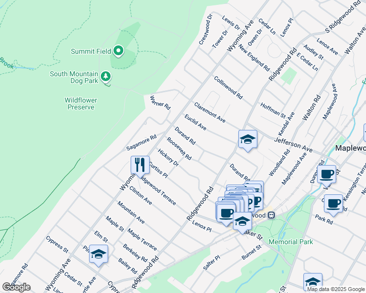 map of restaurants, bars, coffee shops, grocery stores, and more near 27 Roosevelt Road in Maplewood