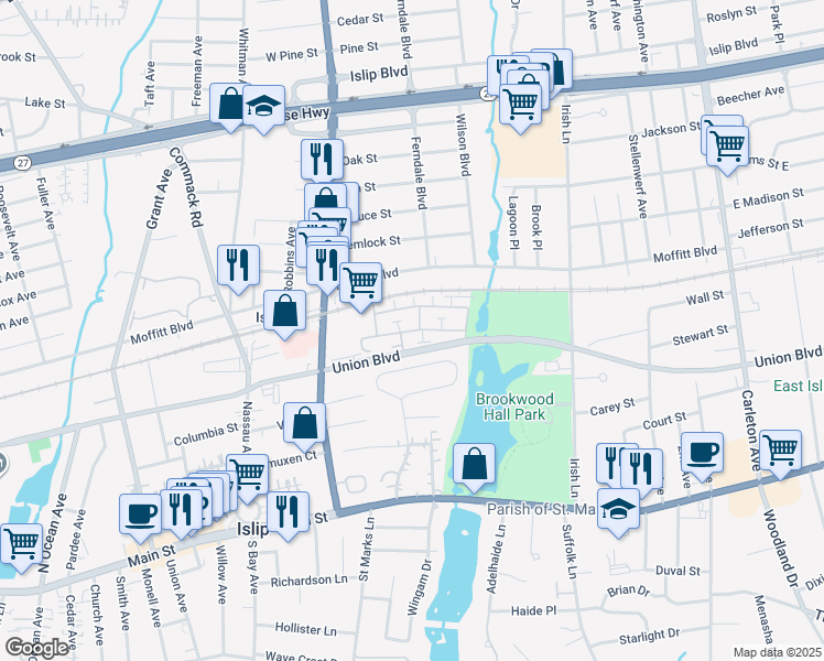 map of restaurants, bars, coffee shops, grocery stores, and more near 90 Finch Lane in Islip