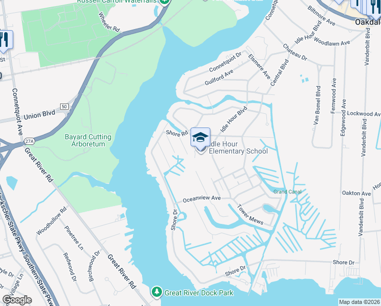 map of restaurants, bars, coffee shops, grocery stores, and more near 95 Roxbury Avenue in Oakdale