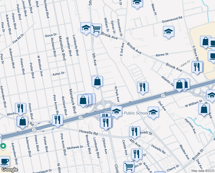 map of restaurants, bars, coffee shops, grocery stores, and more near 24 Dowsing Avenue in Bay Shore
