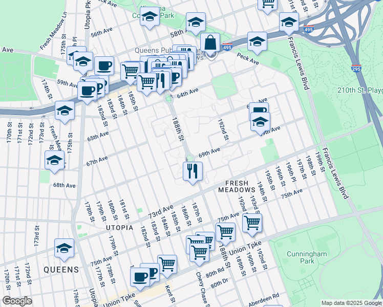 map of restaurants, bars, coffee shops, grocery stores, and more near 188-35 69th Avenue in Queens