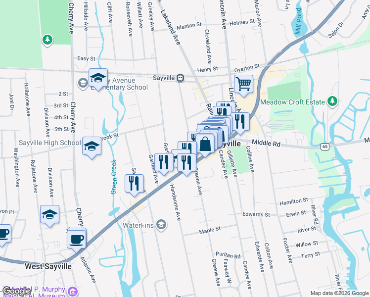 map of restaurants, bars, coffee shops, grocery stores, and more near 130 Greene Avenue in Sayville