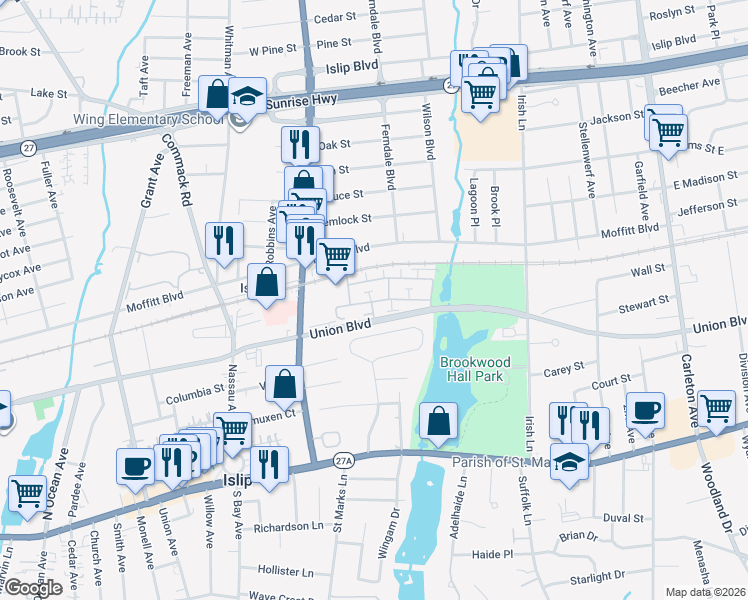 map of restaurants, bars, coffee shops, grocery stores, and more near 90 Finch Lane in Islip
