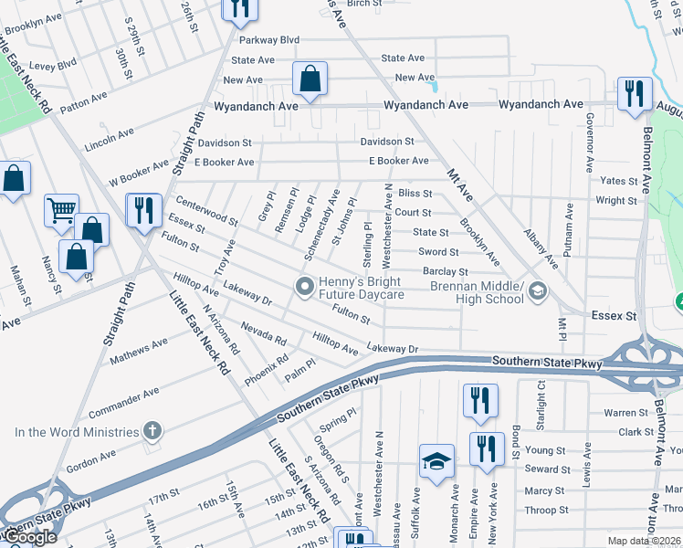 map of restaurants, bars, coffee shops, grocery stores, and more near 596 Centerwood Street in West Babylon