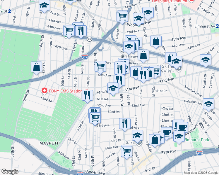 map of restaurants, bars, coffee shops, grocery stores, and more near 50-51 67th Street in Queens