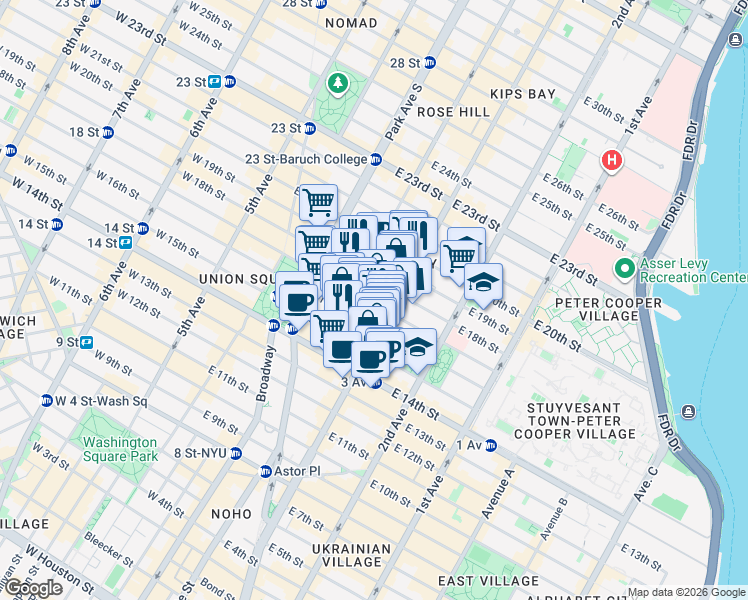 map of restaurants, bars, coffee shops, grocery stores, and more near 192 3rd Avenue in New York