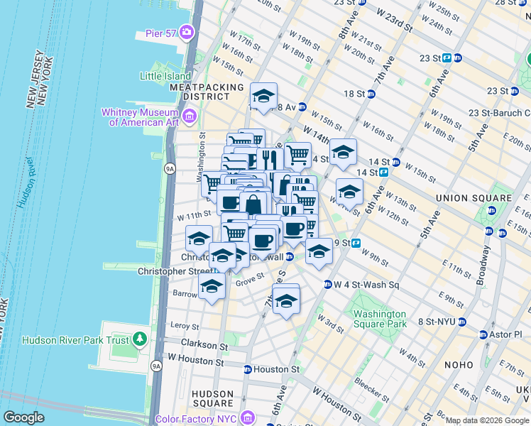 map of restaurants, bars, coffee shops, grocery stores, and more near in New York
