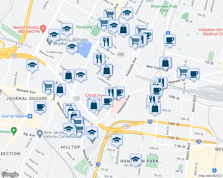 map of restaurants, bars, coffee shops, grocery stores, and more near 13 Laidlaw Avenue in Jersey City