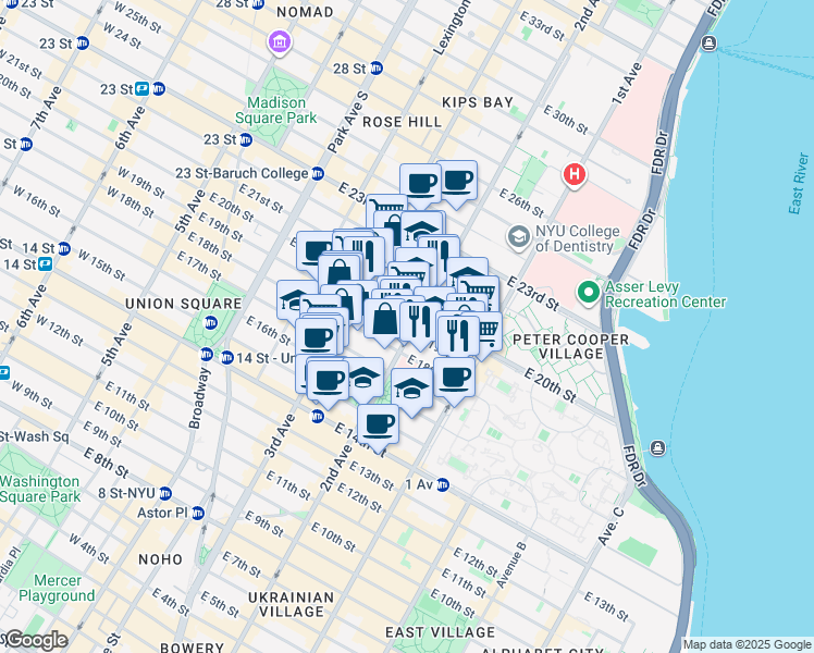 map of restaurants, bars, coffee shops, grocery stores, and more near 345 2nd Avenue in New York