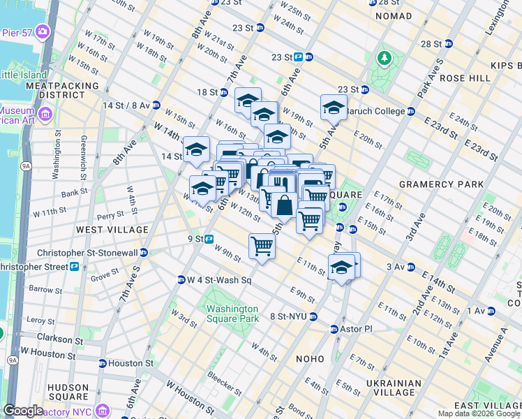 map of restaurants, bars, coffee shops, grocery stores, and more near 10 West 13th Street in New York