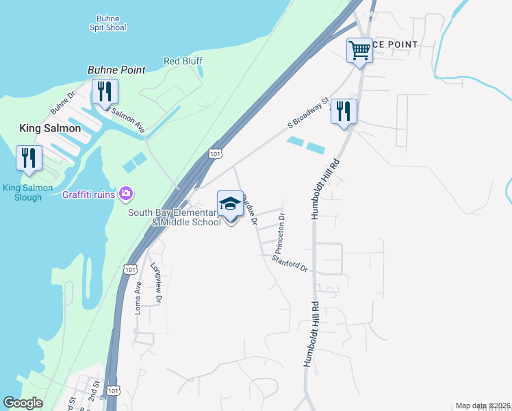 map of restaurants, bars, coffee shops, grocery stores, and more near 6075 Purdue Drive in Eureka