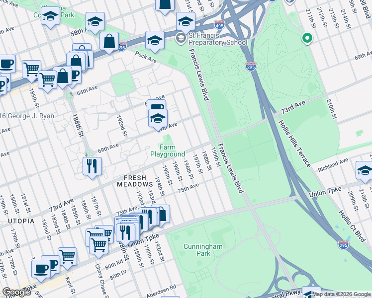 map of restaurants, bars, coffee shops, grocery stores, and more near 196-63 73rd Avenue in Queens