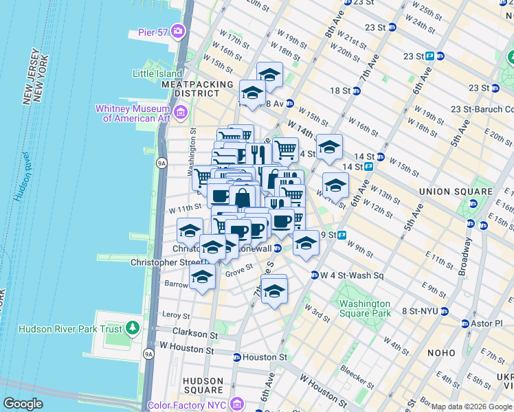 map of restaurants, bars, coffee shops, grocery stores, and more near 67 Perry Street in New York