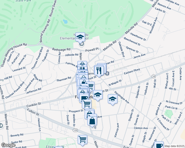 map of restaurants, bars, coffee shops, grocery stores, and more near 100 Secatogue Avenue in Farmingdale