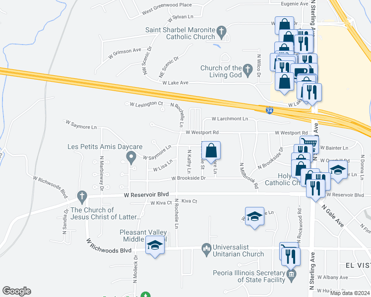 map of restaurants, bars, coffee shops, grocery stores, and more near 3202 West Saymore Lane in Peoria