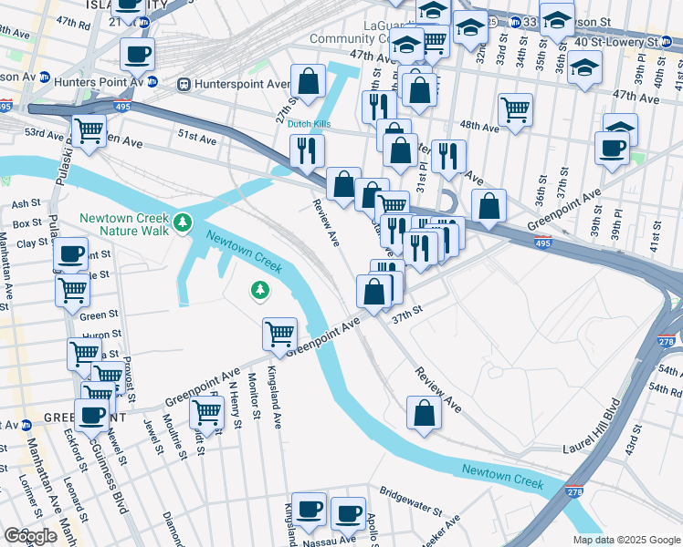 map of restaurants, bars, coffee shops, grocery stores, and more near 30-54 Review Avenue in Queens