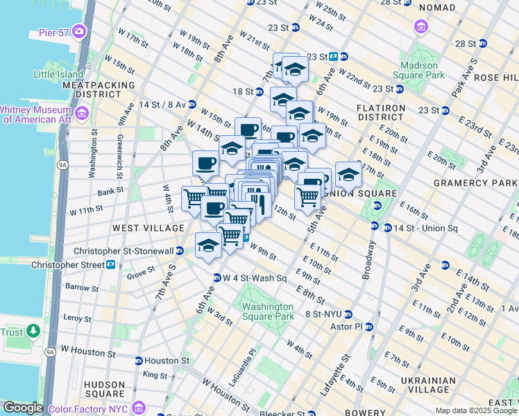 map of restaurants, bars, coffee shops, grocery stores, and more near 472 Avenue of the Americas in New York