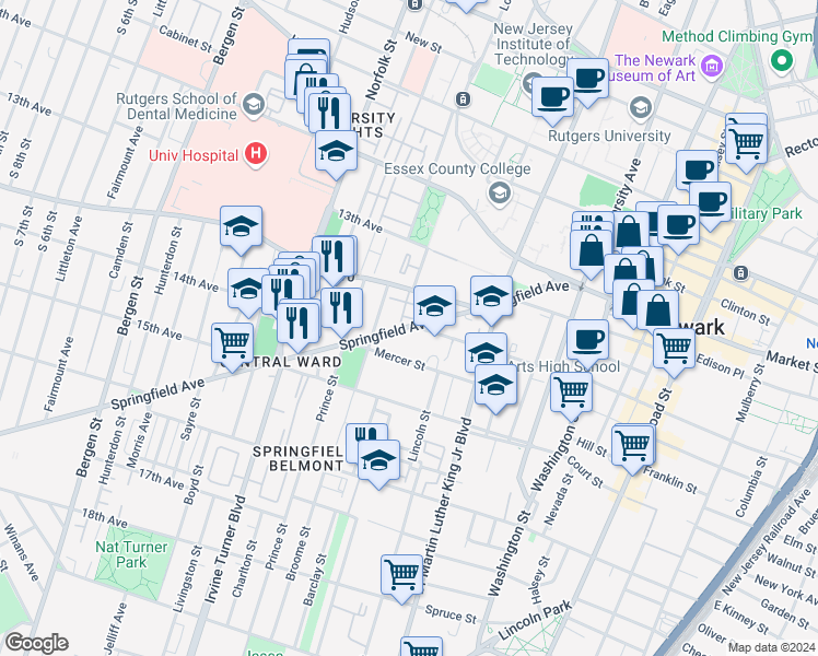 map of restaurants, bars, coffee shops, grocery stores, and more near 135 Springfield Avenue in Newark