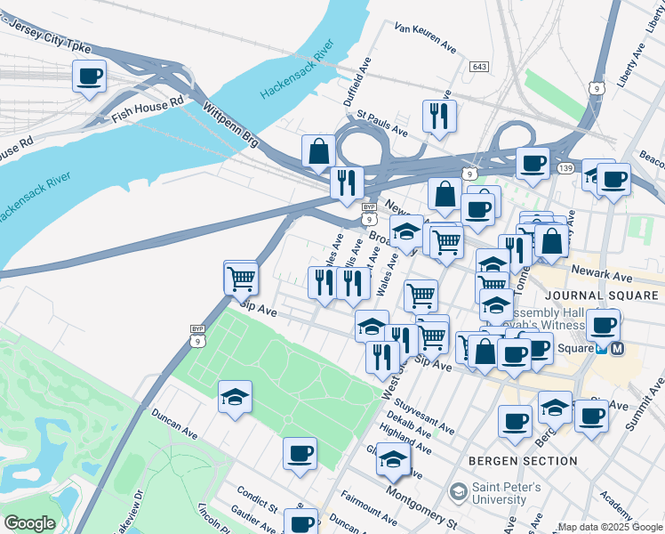 map of restaurants, bars, coffee shops, grocery stores, and more near 46 Dales Avenue in Jersey City