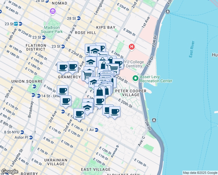 map of restaurants, bars, coffee shops, grocery stores, and more near 385 East 21st Street in New York