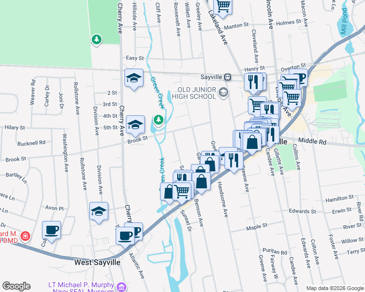 map of restaurants, bars, coffee shops, grocery stores, and more near 91 Saxton Avenue in Sayville