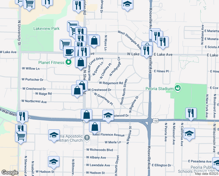 map of restaurants, bars, coffee shops, grocery stores, and more near 435 West Crestwood Drive in Peoria